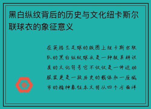 黑白纵纹背后的历史与文化纽卡斯尔联球衣的象征意义 黑白纵纹背后的历史与文化纽卡斯尔联球衣的象征意义
