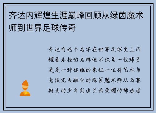 齐达内辉煌生涯巅峰回顾从绿茵魔术师到世界足球传奇 齐达内辉煌生涯巅峰回顾从绿茵魔术师到世界足球传奇